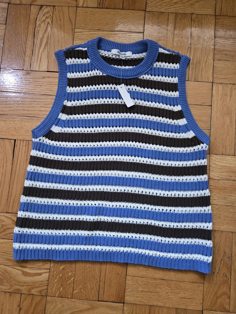 Nwt Madewell Womens SzM Stripped Blue Brown & Ivory Vest Sweater Sleevless